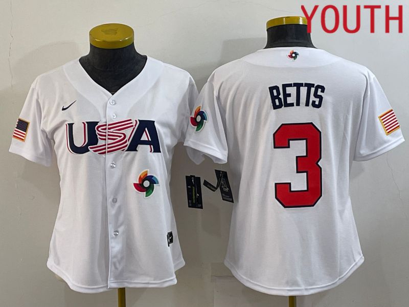 Youth 2023 World Cub USA 3 Betts White MLB Jersey9